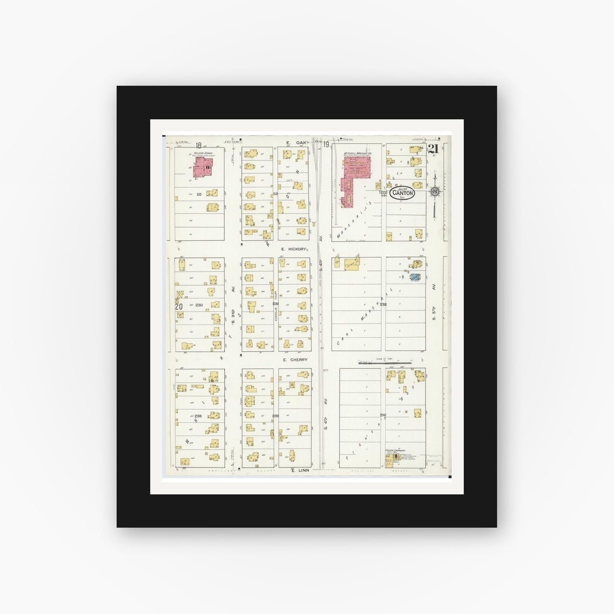 Old map wall art mockup — black gallery frame with white mat — Sanborn Fire Insurance Map from Canton, Fulton County, Illinois (1917), Sheet #0021