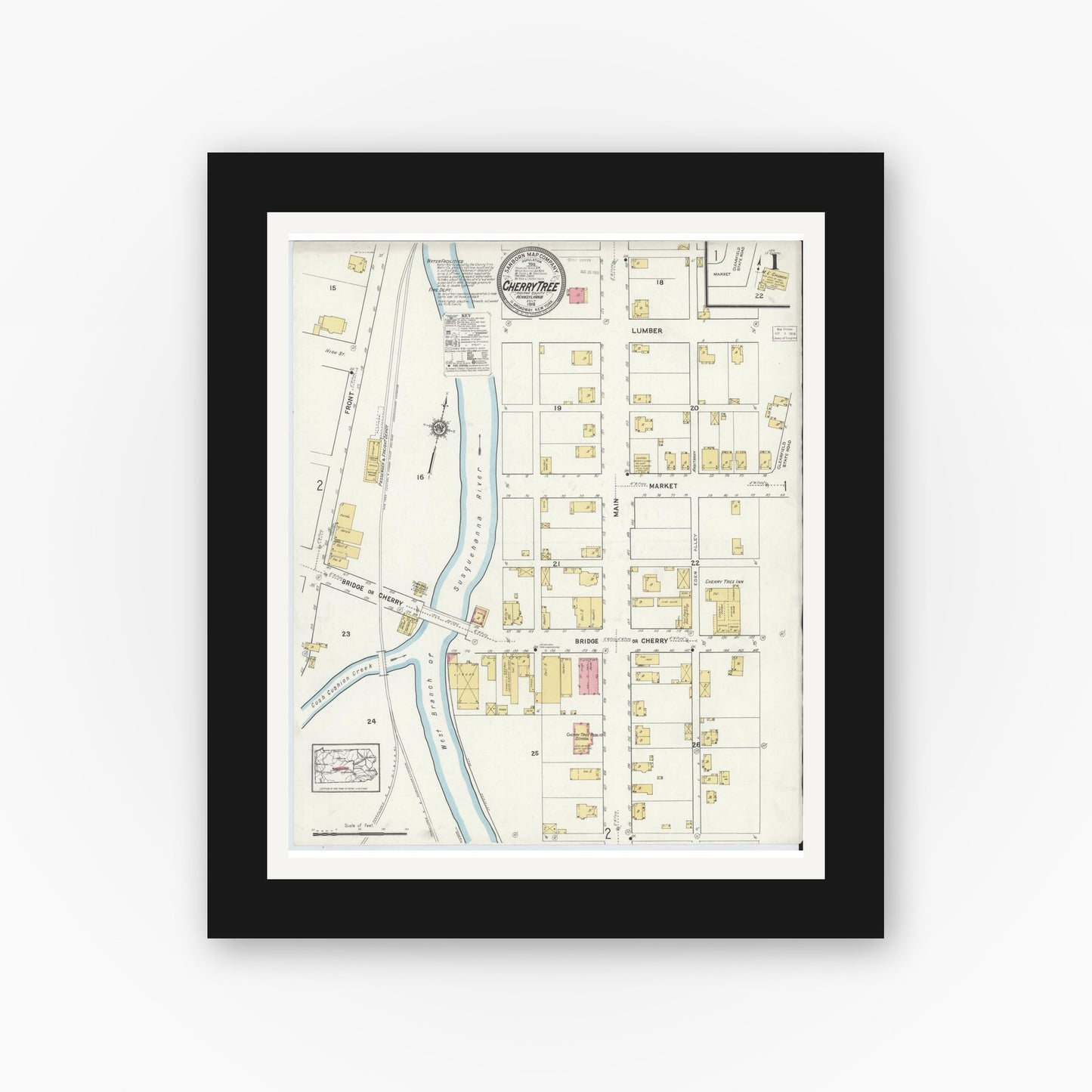 Old map wall art mockup — black gallery frame with white mat — Sanborn Fire Insurance Map from Cherry Tree, Indiana County, Pennsylvania (1916) - Complete Map Set