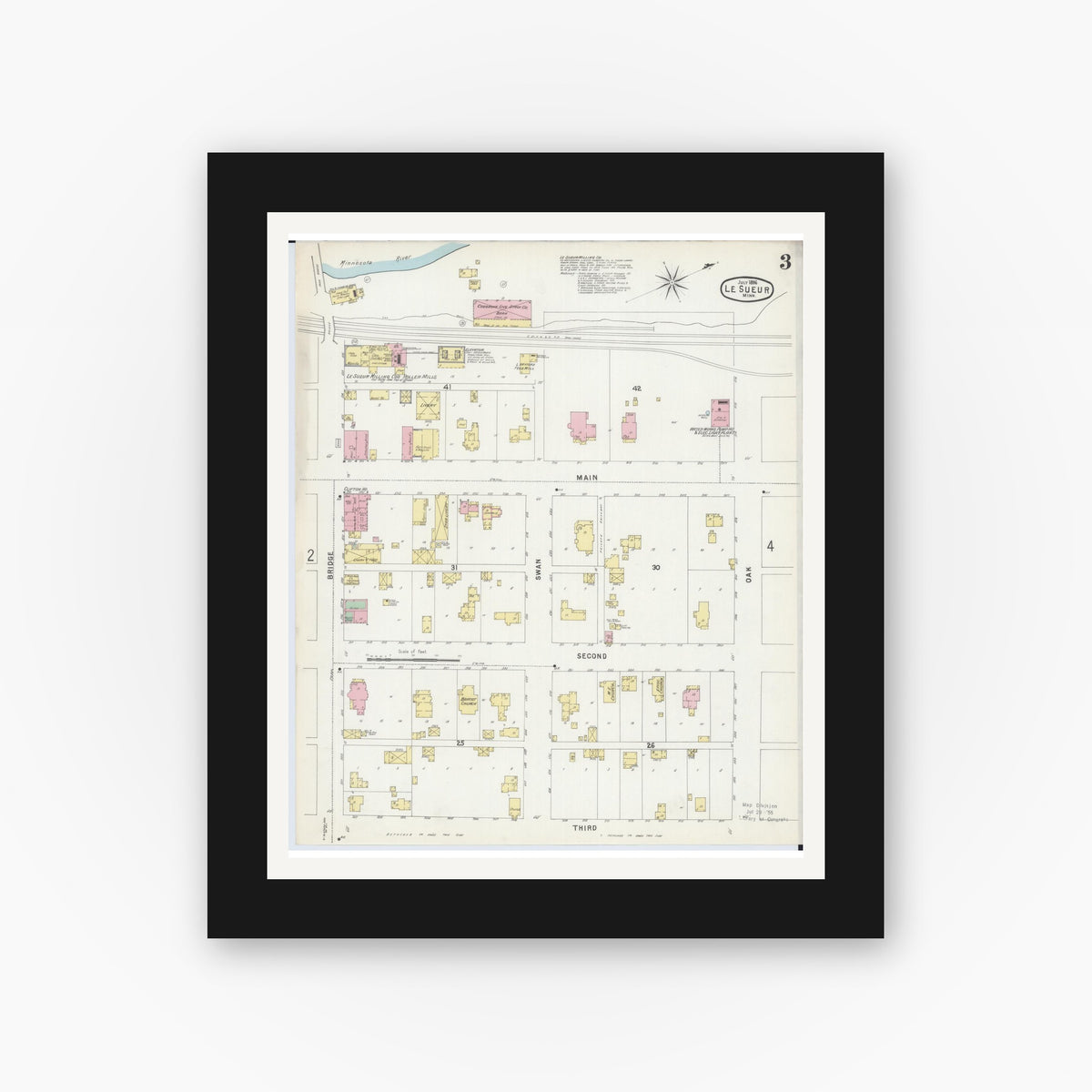 Old map wall art mockup — black gallery frame with white mat — Sanborn Fire Insurance Map from Le Sueur, Le Sueur County, Minnesota (1896), Sheet #0003