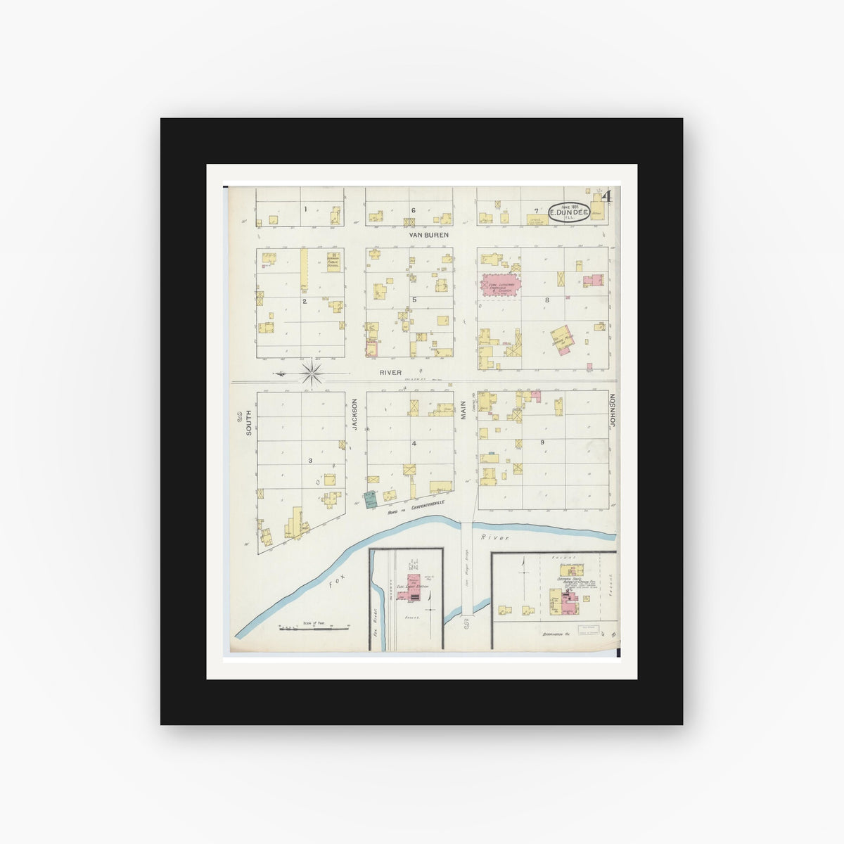 Old map wall art mockup — black gallery frame with white mat — Sanborn Fire Insurance Map from Dundee, Kane County, Illinois (1893), Sheet #0004