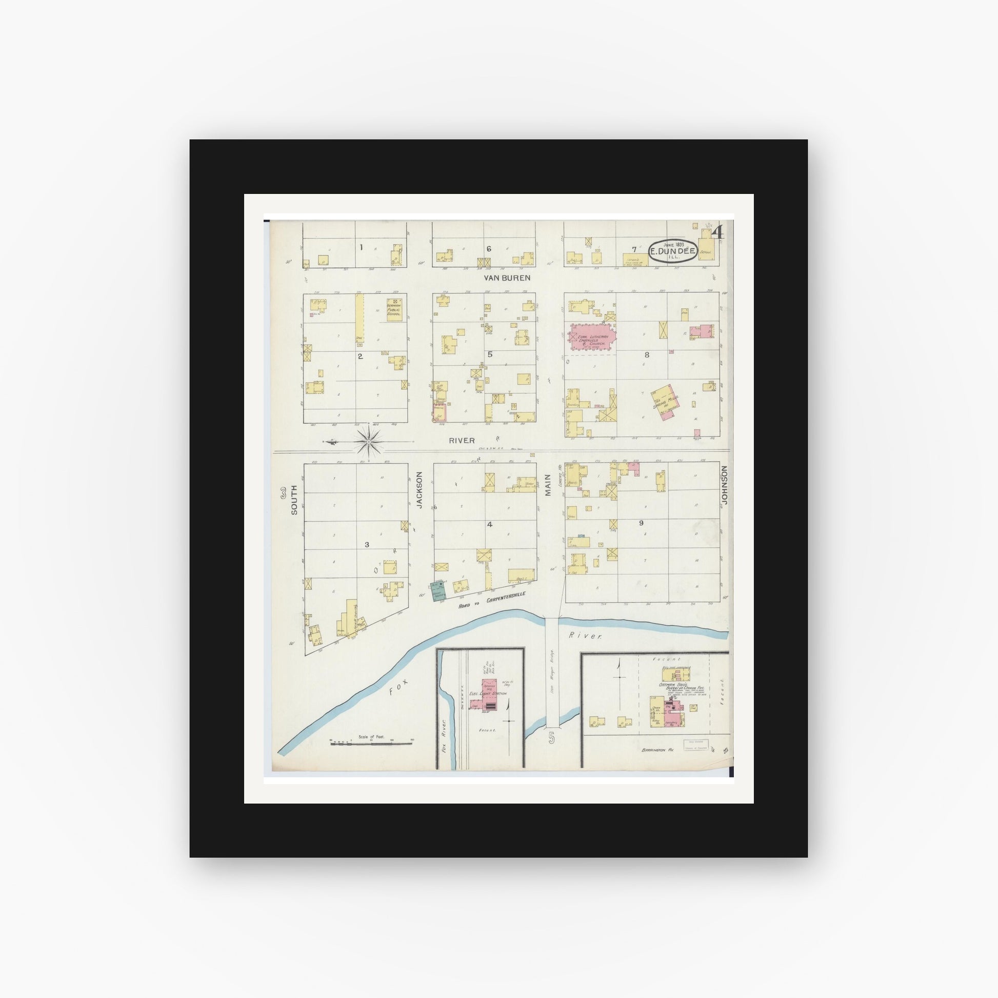 Old map wall art mockup — black gallery frame with white mat — Sanborn Fire Insurance Map from Dundee, Kane County, Illinois (1893), Sheet #0004