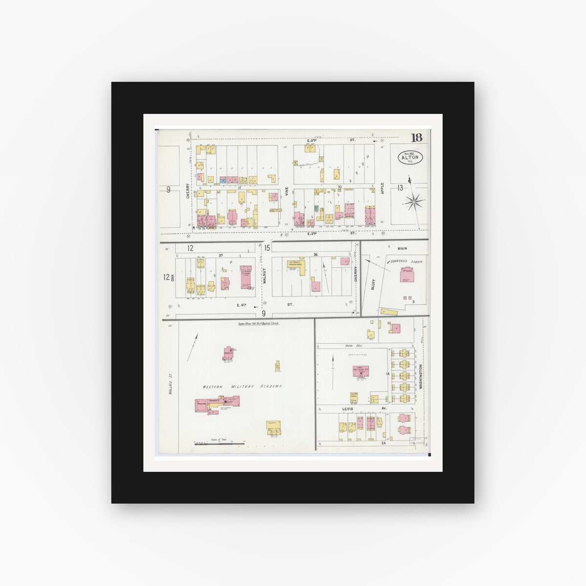 Old map wall art mockup — black gallery frame with white mat — Sanborn Fire Insurance Map from Alton, Madison County, Illinois (1902), Sheet #0018