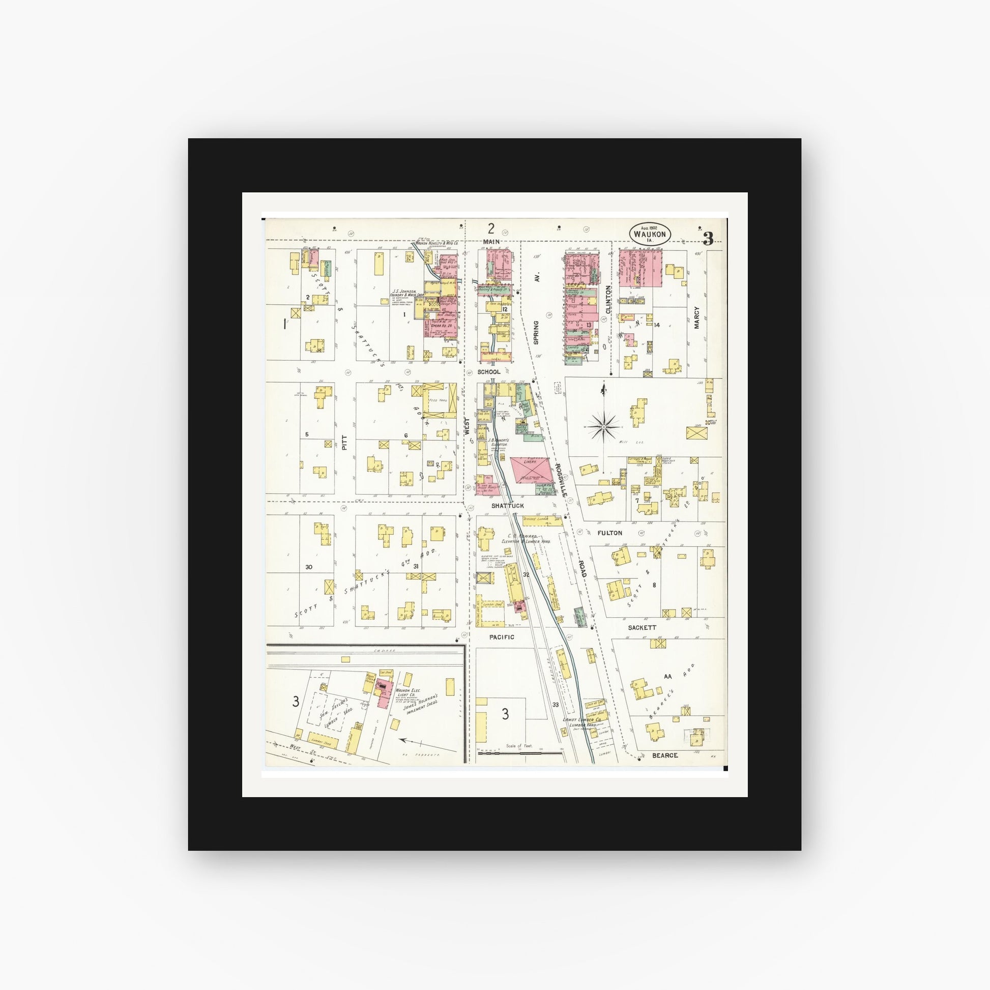 Old map wall art mockup — black gallery frame with white mat — Sanborn Fire Insurance Map from Waukon, Allamakee County, Iowa (1902), Sheet #0003