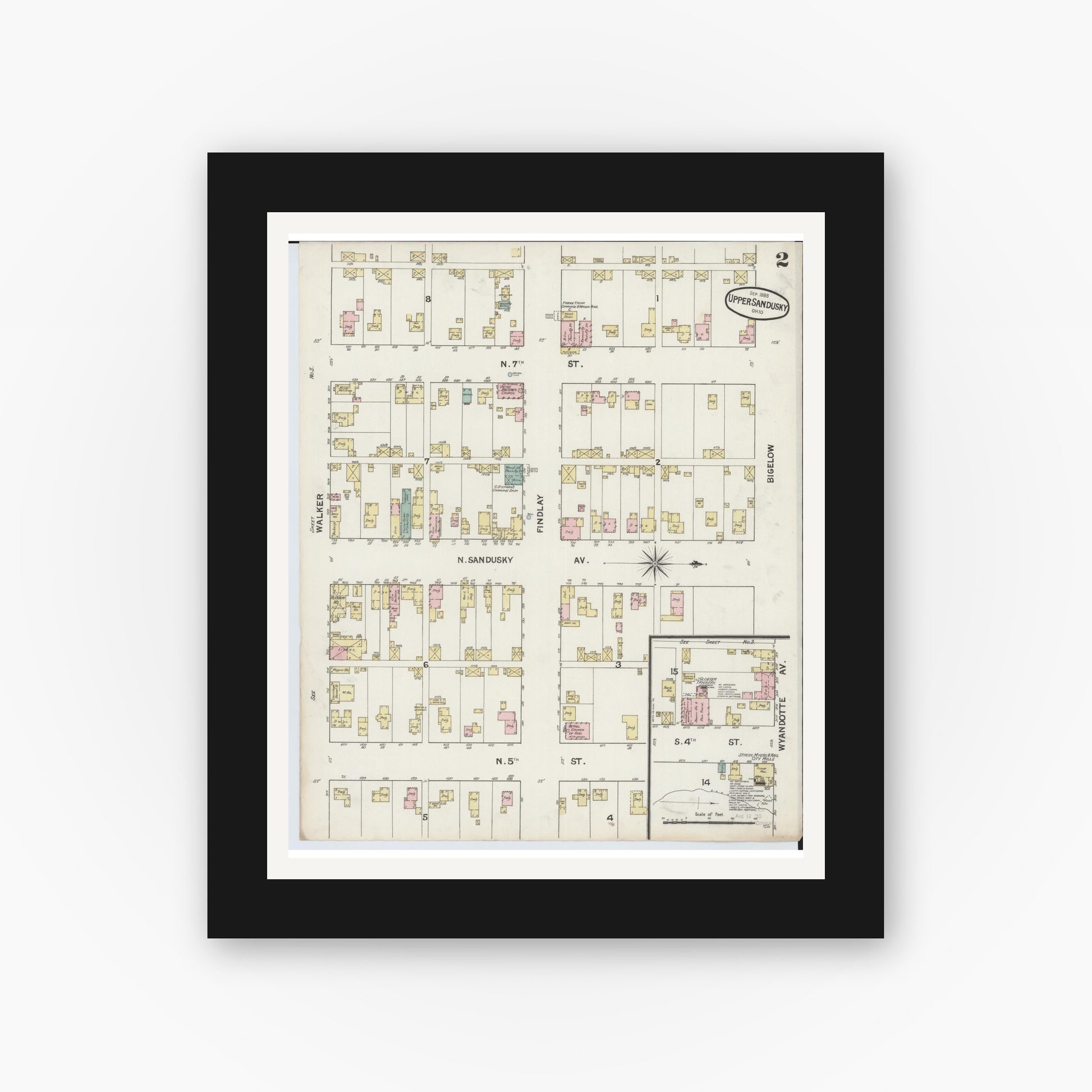 Old map wall art mockup — black gallery frame with white mat — Sanborn Fire Insurance Map from Upper Sandusky, Wyandot County, Ohio (1888), Sheet #0002