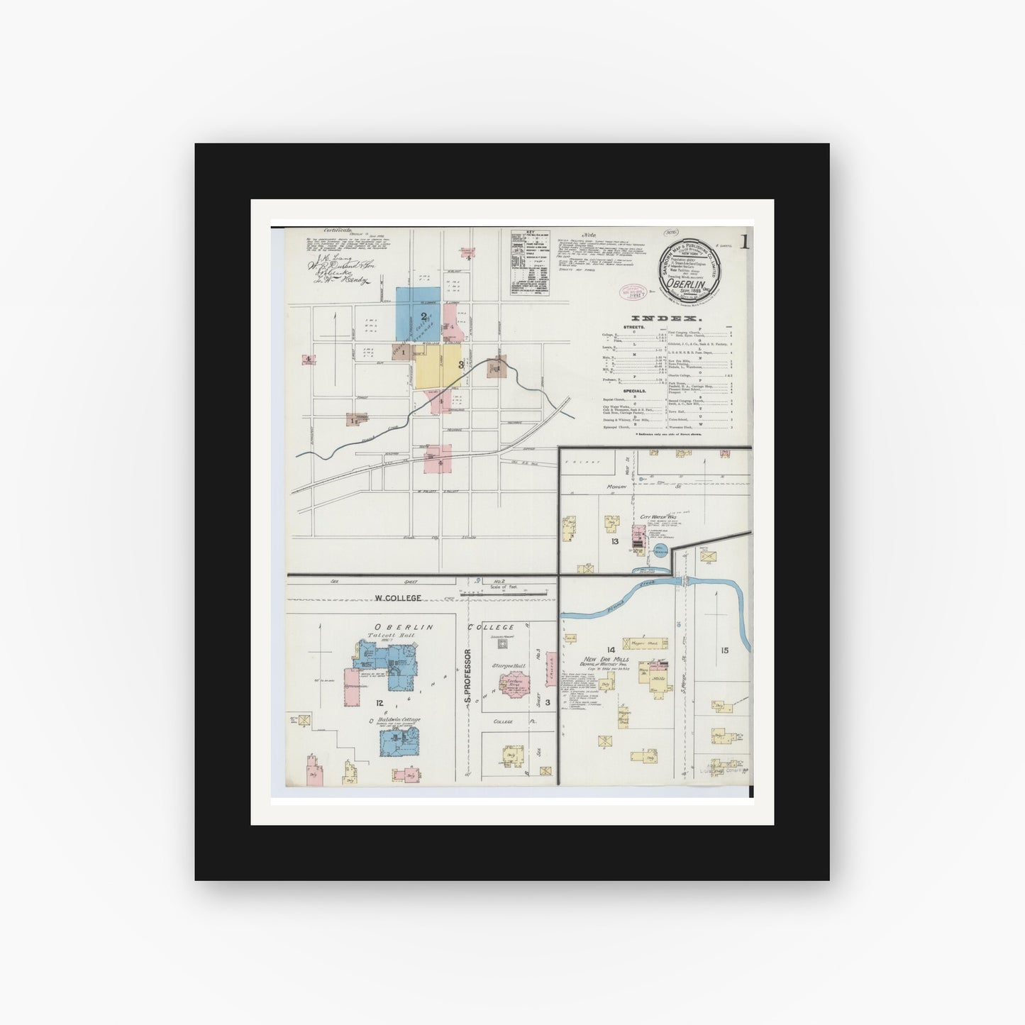 Old map wall art mockup — black gallery frame with white mat — Sanborn Fire Insurance Map from Oberlin, Lorain County, Ohio (1888), Sheet #0001