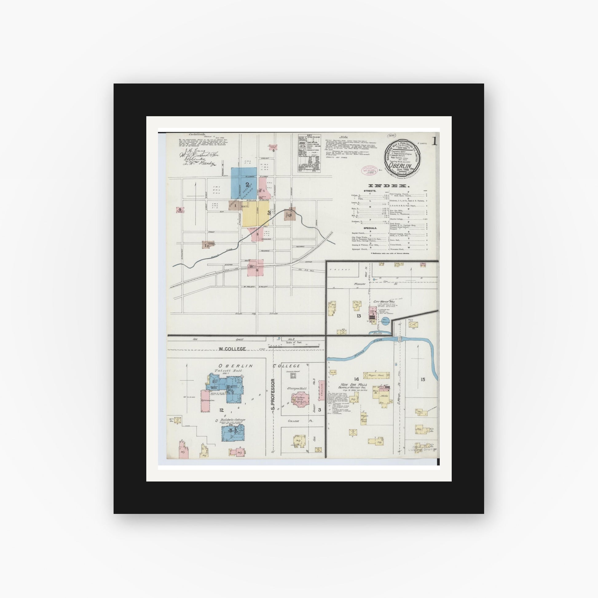 Old map wall art mockup — black gallery frame with white mat — Sanborn Fire Insurance Map from Oberlin, Lorain County, Ohio (1888), Sheet #0001
