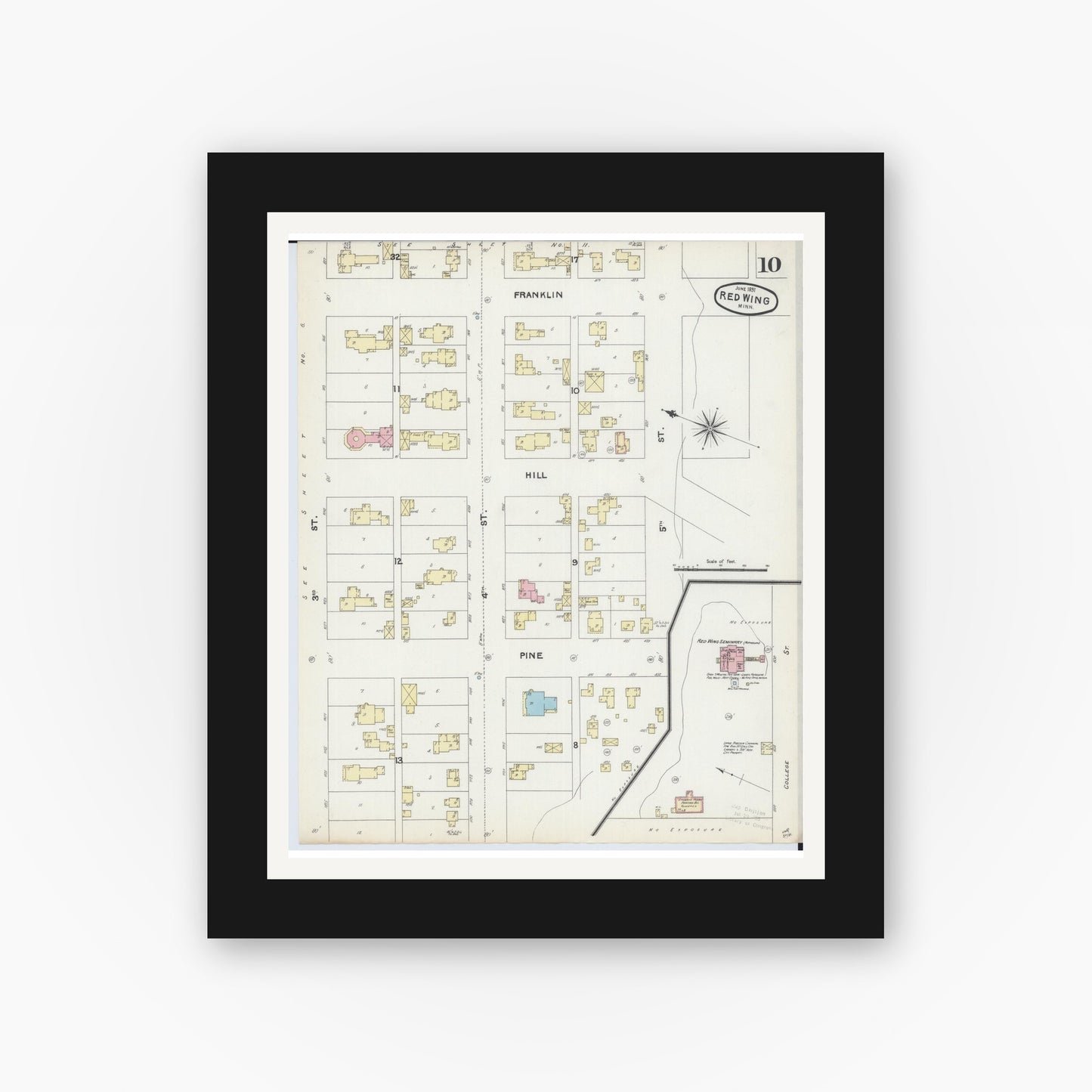 Old map wall art mockup — black gallery frame with white mat — Sanborn Fire Insurance Map from Red Wing, Goodhue County, Minnesota (1891), Sheet #0010