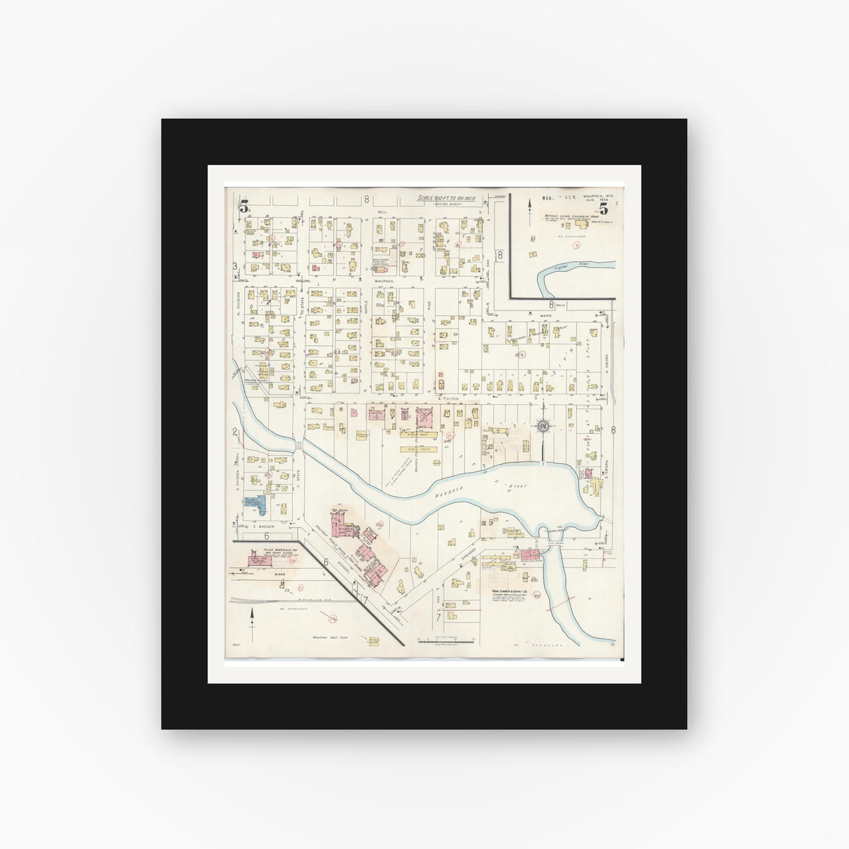 Old map wall art mockup — black gallery frame with white mat — Sanborn Fire Insurance Map from Waupaca, Waupaca County, Wisconsin (1941), Sheet #0005