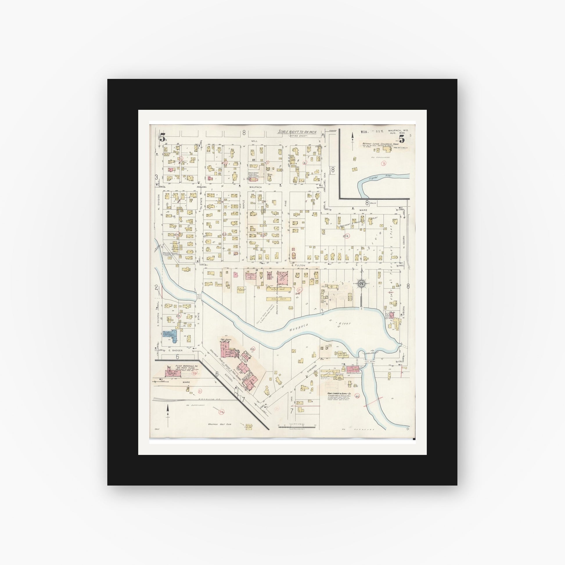 Old map wall art mockup — black gallery frame with white mat — Sanborn Fire Insurance Map from Waupaca, Waupaca County, Wisconsin (1941), Sheet #0005