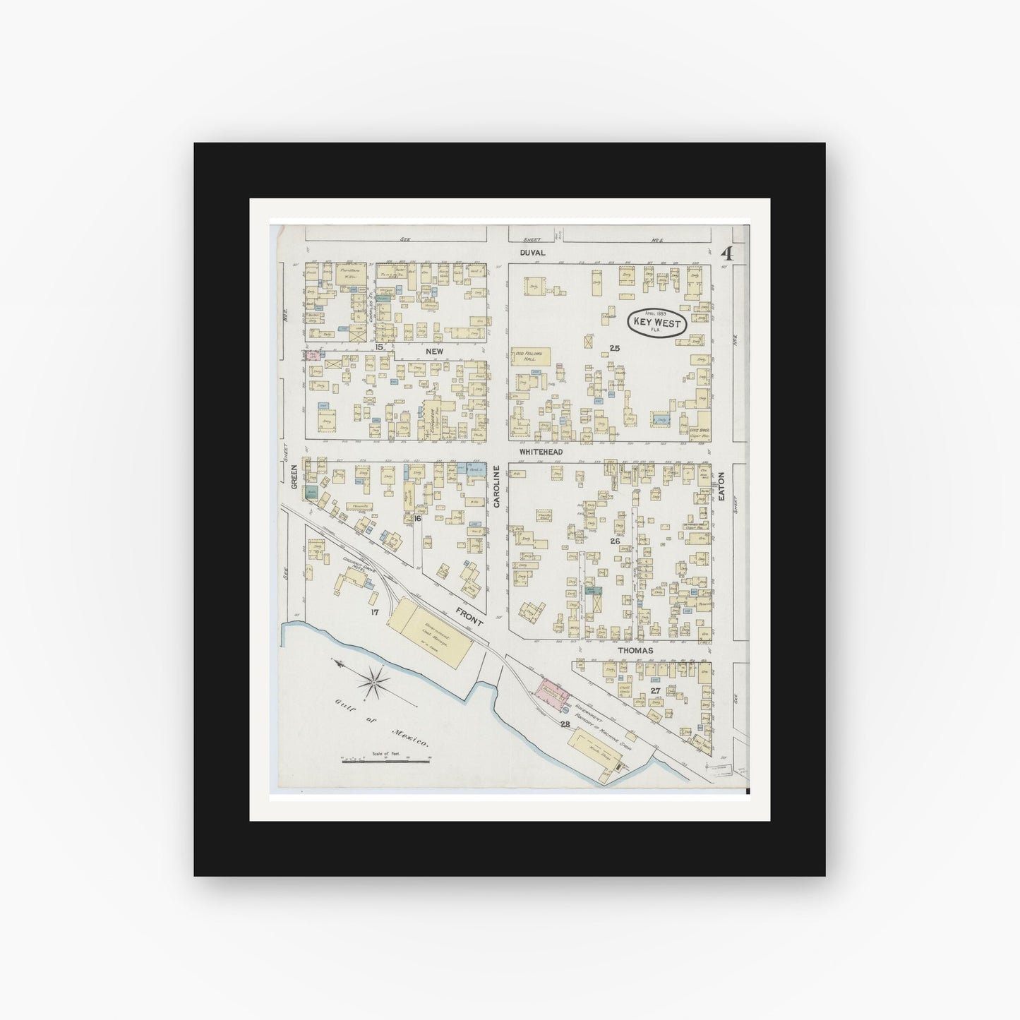 Old map wall art mockup — black gallery frame with white mat — Sanborn Fire Insurance Map from Key West, Monroe County, Florida (1889), Sheet #0004