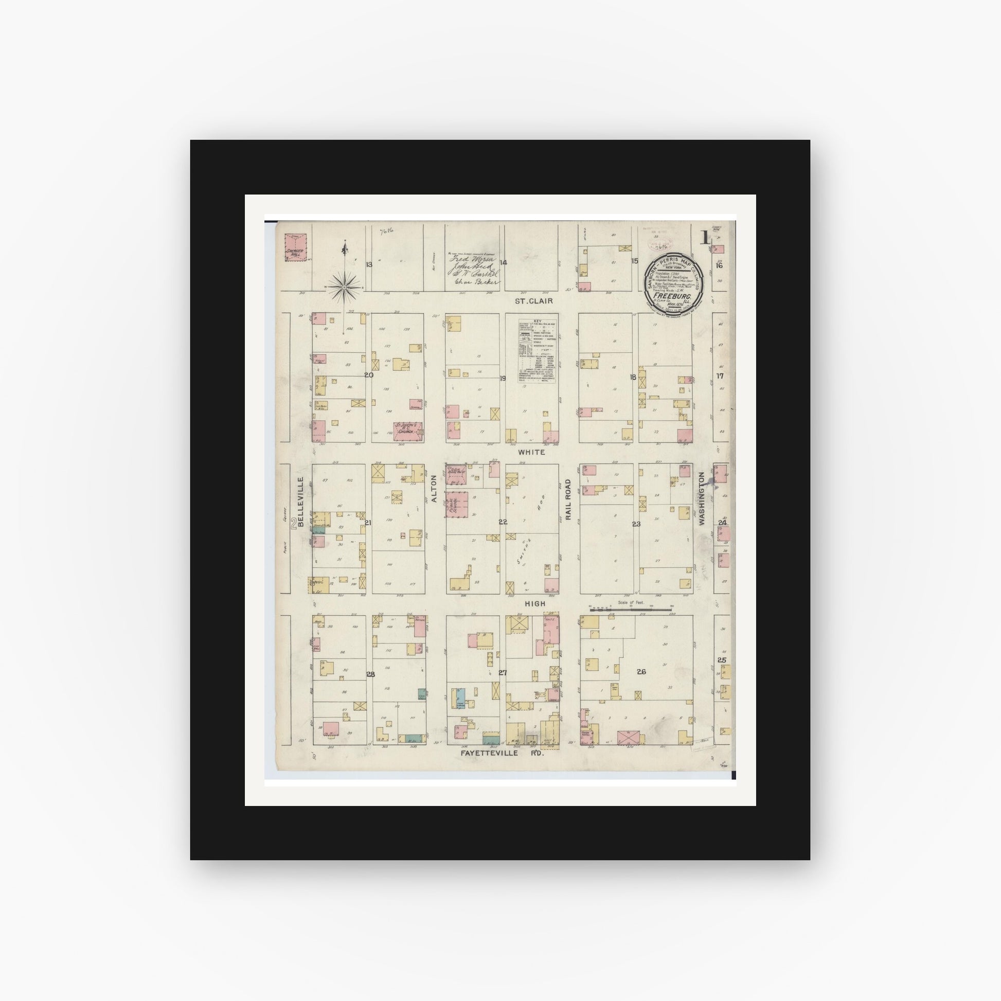 Old map wall art mockup — black gallery frame with white mat — Sanborn Fire Insurance Map from Freeburg, Saint Clair County, Illinois (1894), Sheet #0001
