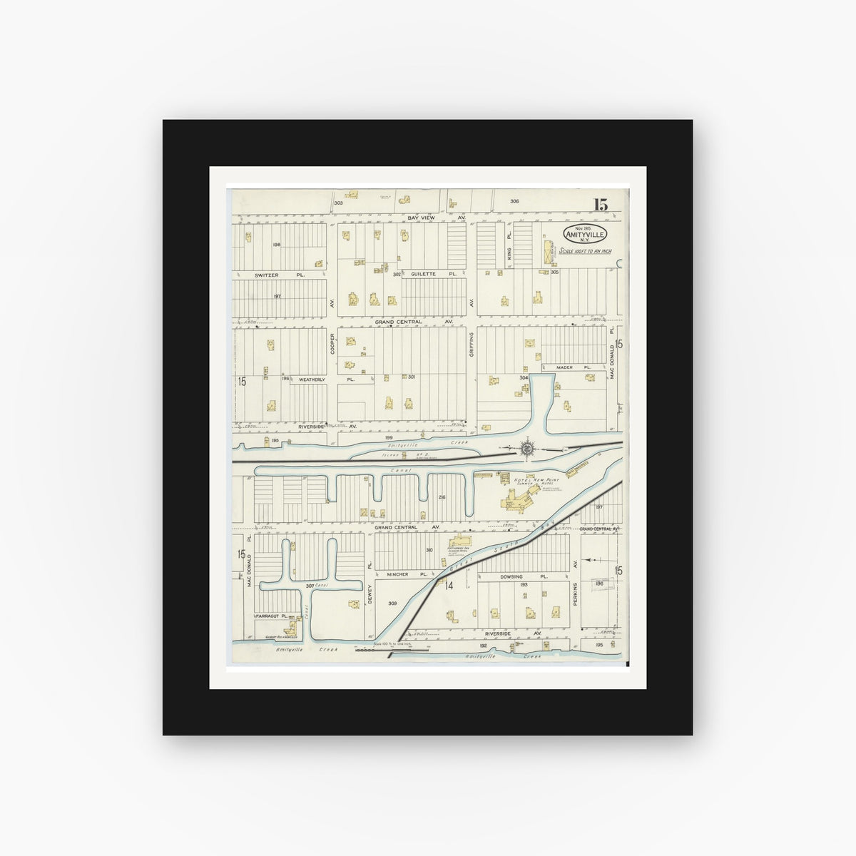 Old map wall art mockup — black gallery frame with white mat — Sanborn Fire Insurance Map from Amityville, Suffolk County, New York (1915), Sheet #0015