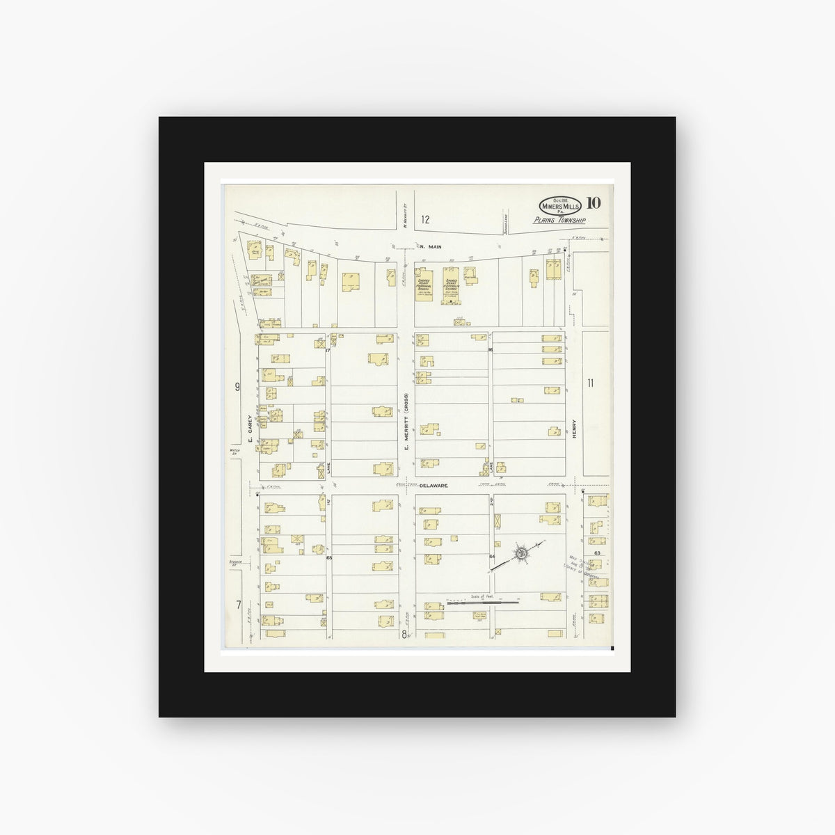 Old map wall art mockup — black gallery frame with white mat — Sanborn Fire Insurance Map from Miners Mills, Luzerne County, Pennsylvania (1911), Sheet #0010