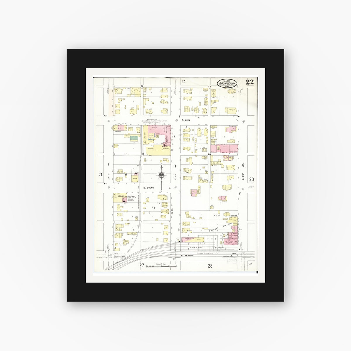 Old map wall art mockup — black gallery frame with white mat — Sanborn Fire Insurance Map from Marshalltown, Marshall County, Iowa (1910), Sheet #0022