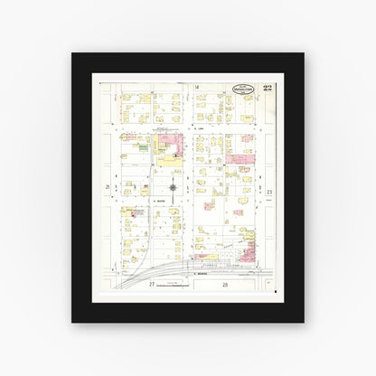 Old map wall art mockup — black gallery frame with white mat — Sanborn Fire Insurance Map from Marshalltown, Marshall County, Iowa (1910), Sheet #0022