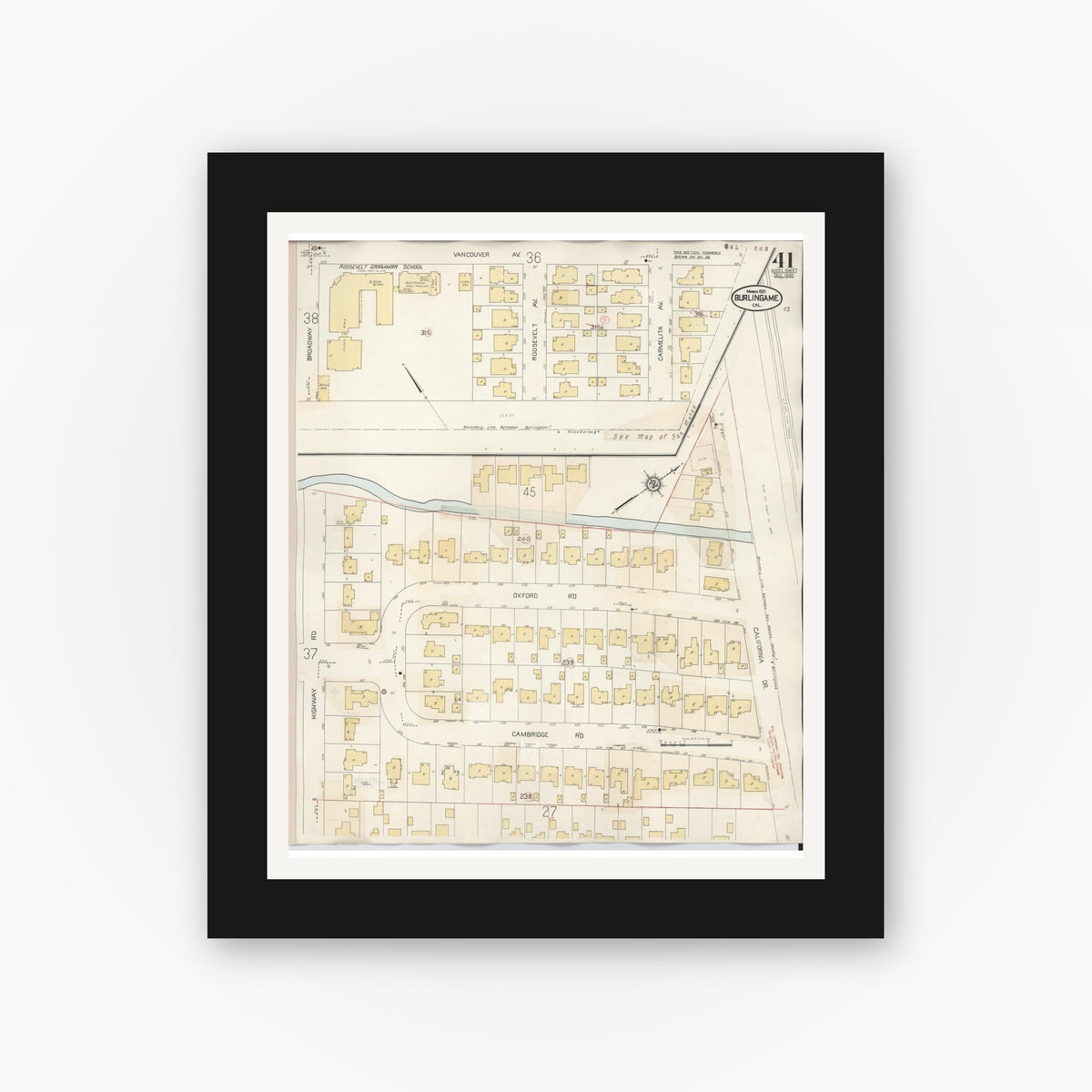 Old map wall art mockup — black gallery frame with white mat — Sanborn Fire Insurance Map from Burlingame, San Mateo County, California (1949), Sheet #0041