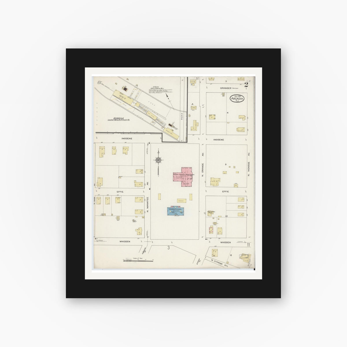 Old map wall art mockup — black gallery frame with white mat — Sanborn Fire Insurance Map from Arcadia, DeSoto County, Florida (1914), Sheet #0002