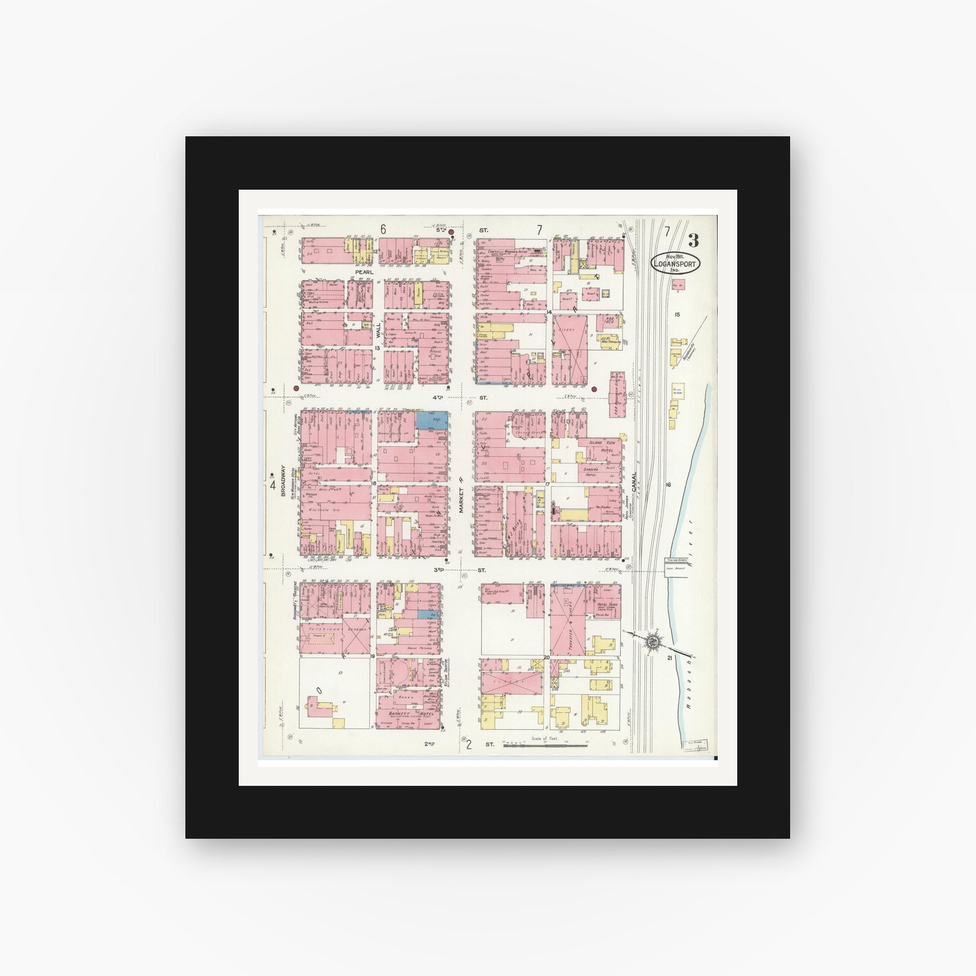 Old map wall art mockup — black gallery frame with white mat — Sanborn Fire Insurance Map from Logansport, Cass County, Indiana (1911), Sheet #0003
