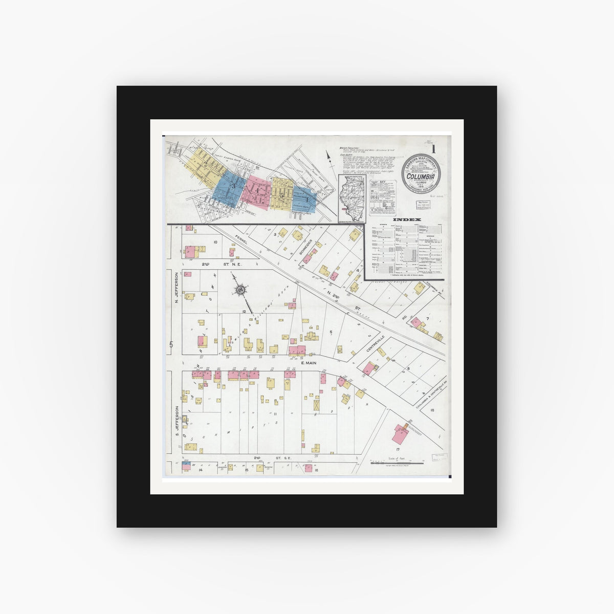 Old map wall art mockup — black gallery frame with white mat — Sanborn Fire Insurance Map from Columbia, Monroe County, Illinois (1919), Sheet #0001