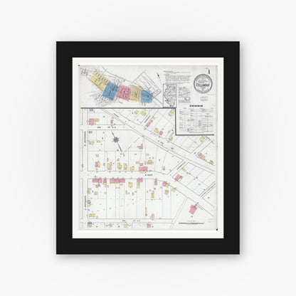 Old map wall art mockup — black gallery frame with white mat — Sanborn Fire Insurance Map from Columbia, Monroe County, Illinois (1919), Sheet #0001