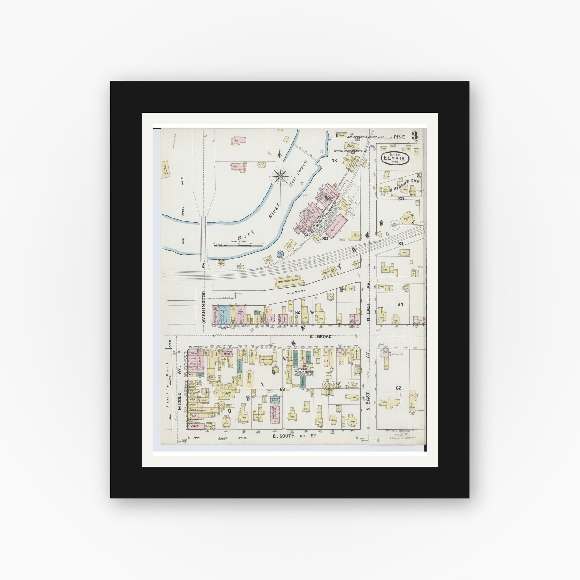 Old map wall art mockup — black gallery frame with white mat — Sanborn Fire Insurance Map from Elyria, Lorain County, Ohio (1888), Sheet #0003