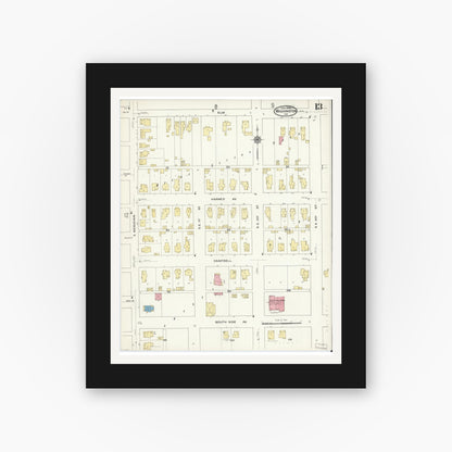 Old map wall art mockup — black gallery frame with white mat — Sanborn Fire Insurance Map from Washington, Daviess County, Indiana (1909), Sheet #0013