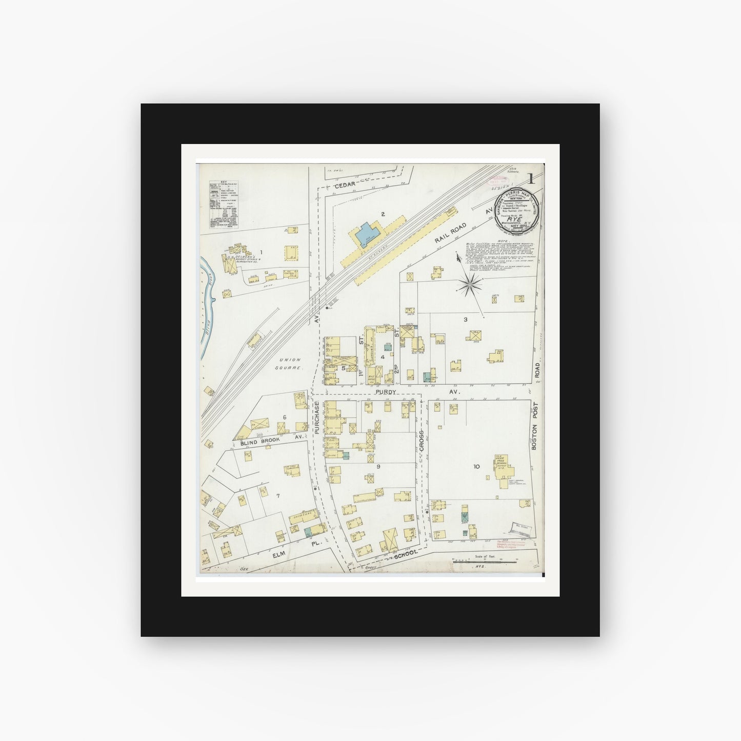 Old map wall art mockup — black gallery frame with white mat — Sanborn Fire Insurance Map from Rye, Westchester County, New York (1892) - Complete Map Set
