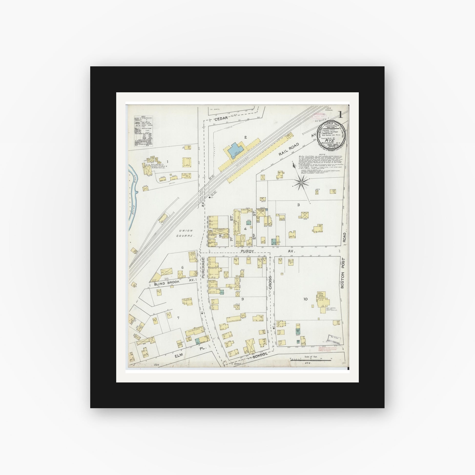 Old map wall art mockup — black gallery frame with white mat — Sanborn Fire Insurance Map from Rye, Westchester County, New York (1892) - Complete Map Set
