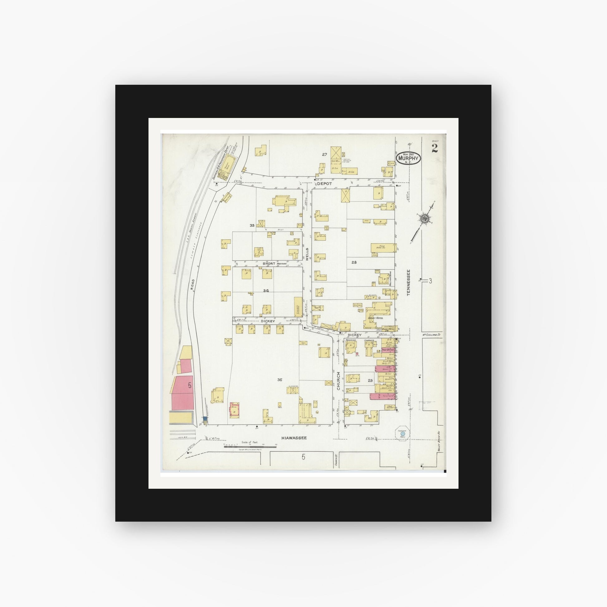 Old map wall art mockup — black gallery frame with white mat — Sanborn Fire Insurance Map from Murphy, Cherokee County, North Carolina (1921), Sheet #0002