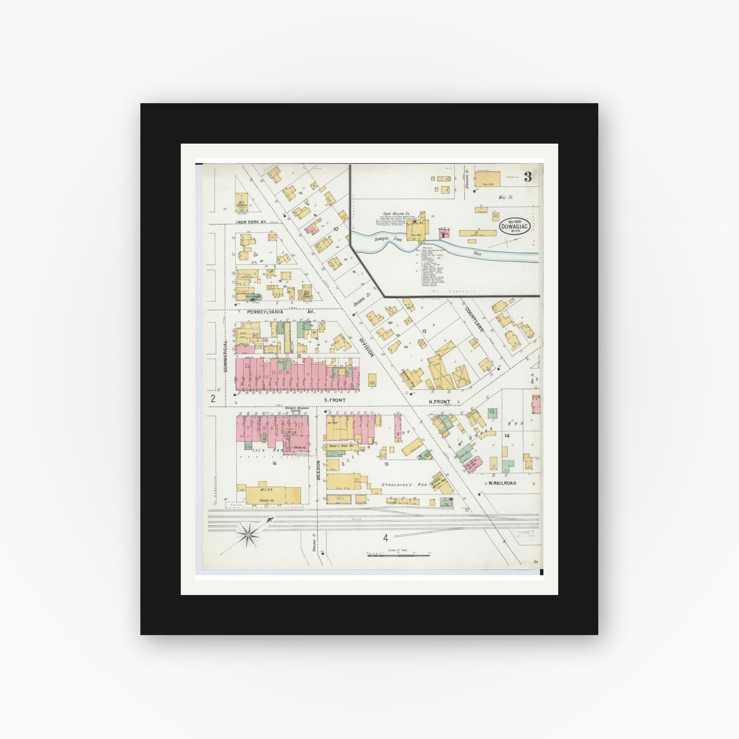 Old map wall art mockup — black gallery frame with white mat — Sanborn Fire Insurance Map from Dowagiac, Cass County, Michigan (1899), Sheet #0003