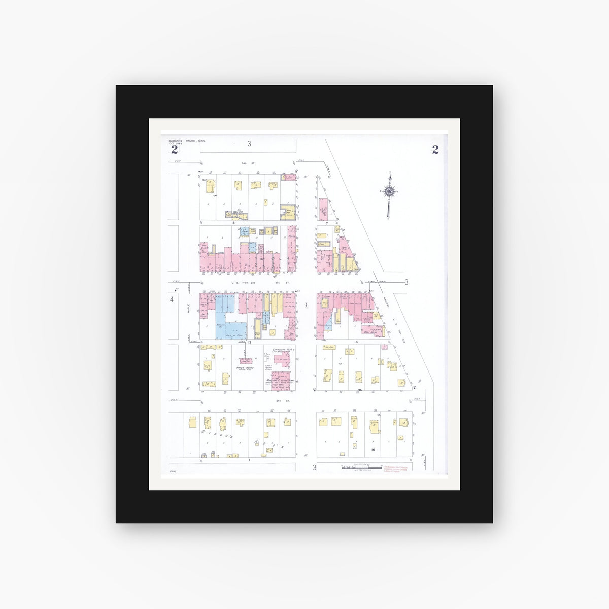 Old map wall art mockup — black gallery frame with white mat — Sanborn Fire Insurance Map from Blooming Prairie, Steele County, Minnesota (1948), Sheet #0002