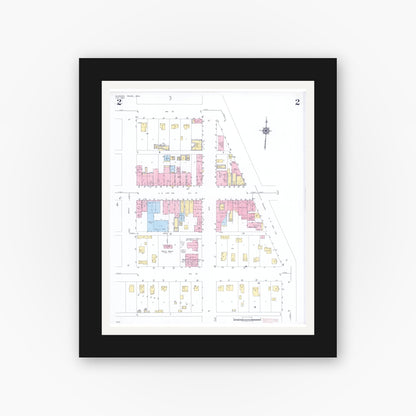 Old map wall art mockup — black gallery frame with white mat — Sanborn Fire Insurance Map from Blooming Prairie, Steele County, Minnesota (1948), Sheet #0002