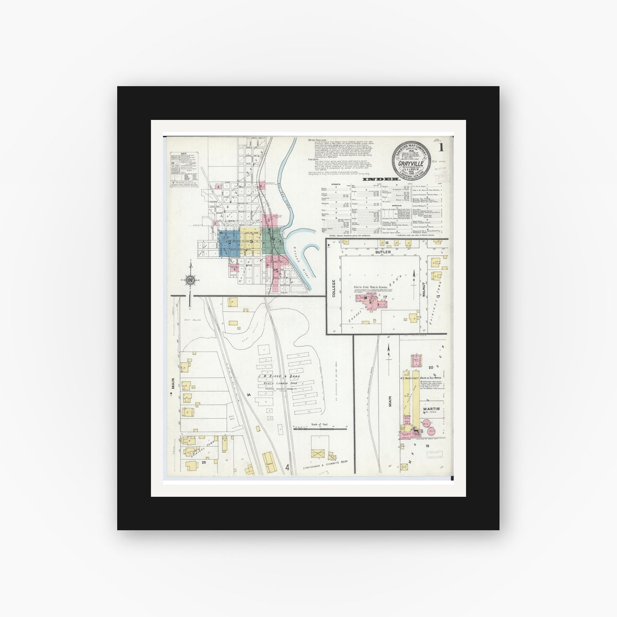 Old map wall art mockup — black gallery frame with white mat — Sanborn Fire Insurance Map from Grayville, White And Edwards Counties, Illinois (1910), Sheet #0001