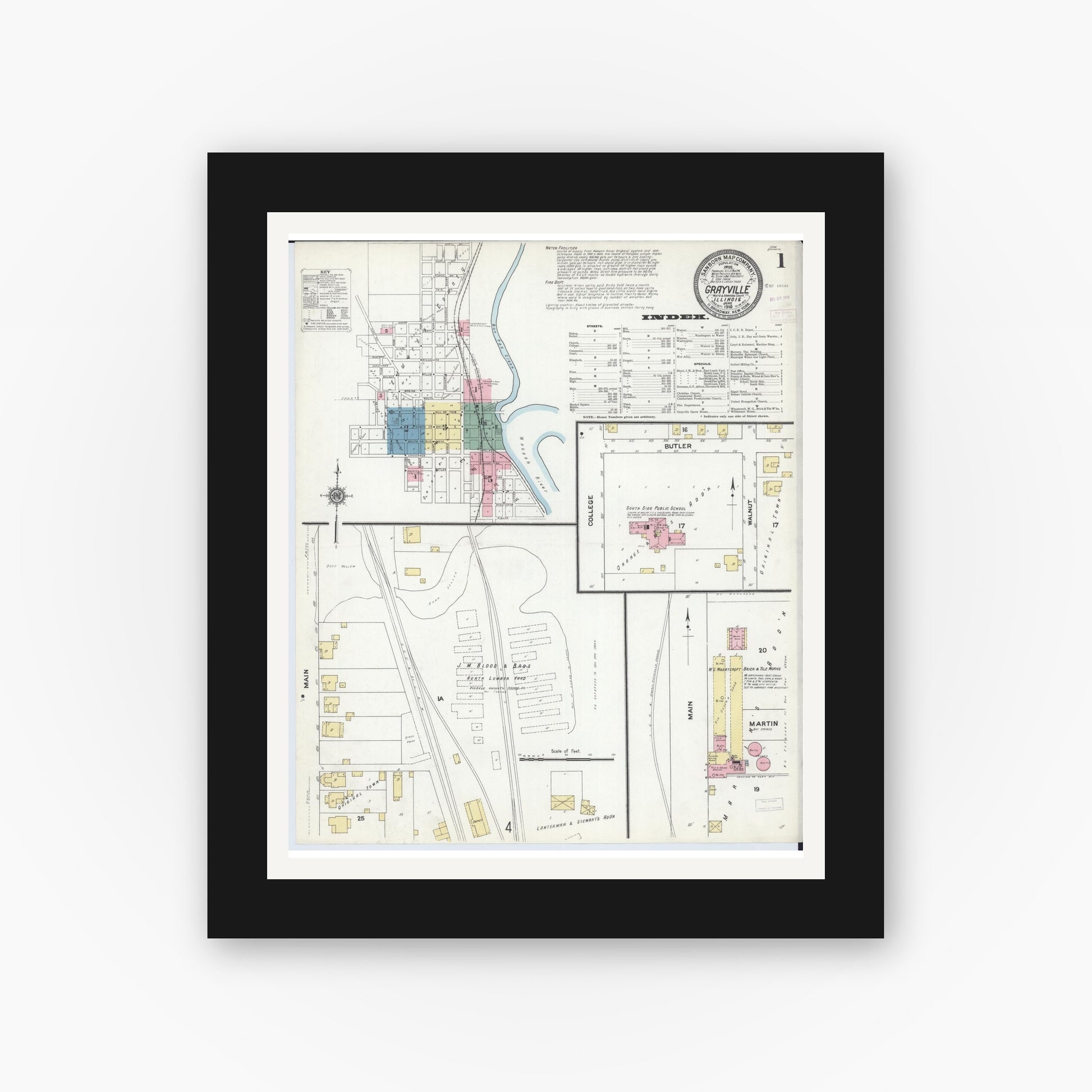 Old map wall art mockup — black gallery frame with white mat — Sanborn Fire Insurance Map from Grayville, White And Edwards Counties, Illinois (1910), Sheet #0001