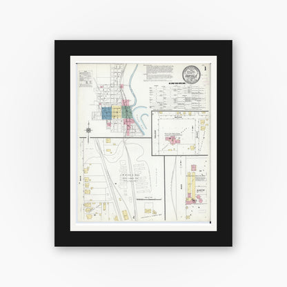 Old map wall art mockup — black gallery frame with white mat — Sanborn Fire Insurance Map from Grayville, White And Edwards Counties, Illinois (1910), Sheet #0001