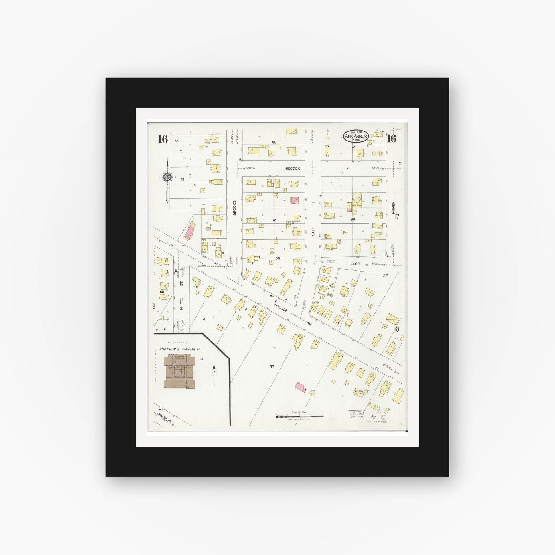 Old map wall art mockup — black gallery frame with white mat — Sanborn Fire Insurance Map from Ann Arbor, Washtenaw County, Michigan (1925), Sheet #0016