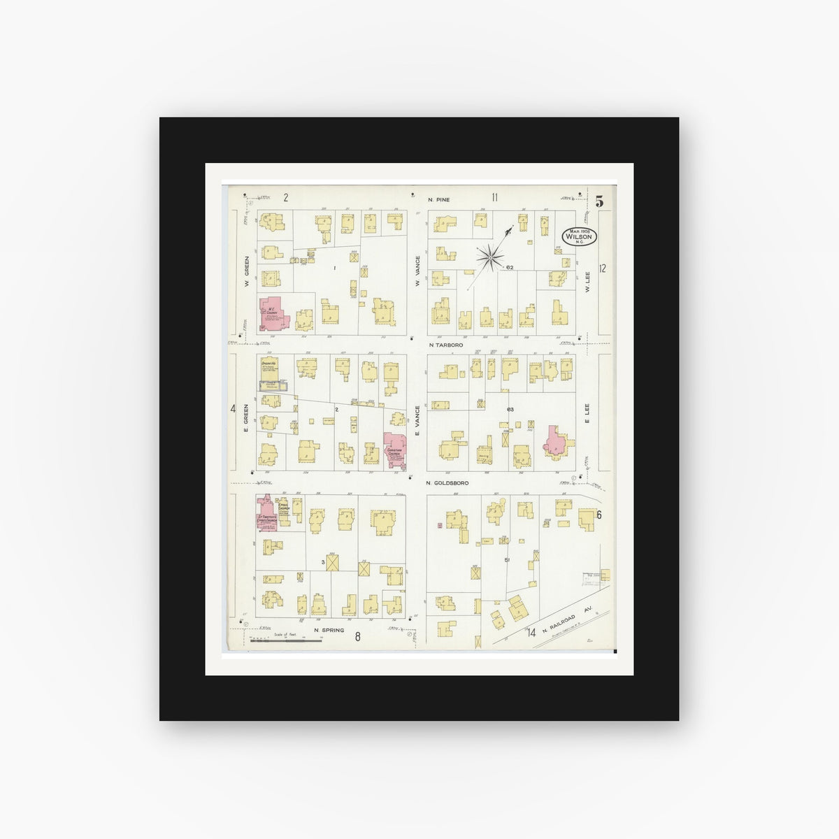 Old map wall art mockup — black gallery frame with white mat — Sanborn Fire Insurance Map from Wilson, Wilson County, North Carolina (1908), Sheet #0005
