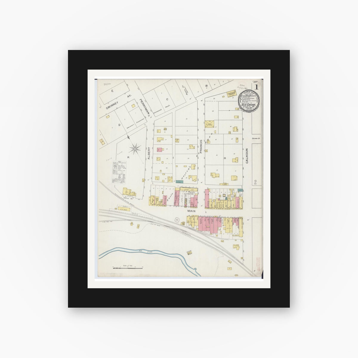 Old map wall art mockup — black gallery frame with white mat — Sanborn Fire Insurance Map from Ash Grove, Greene County, Missouri (1893) - Complete Map Set