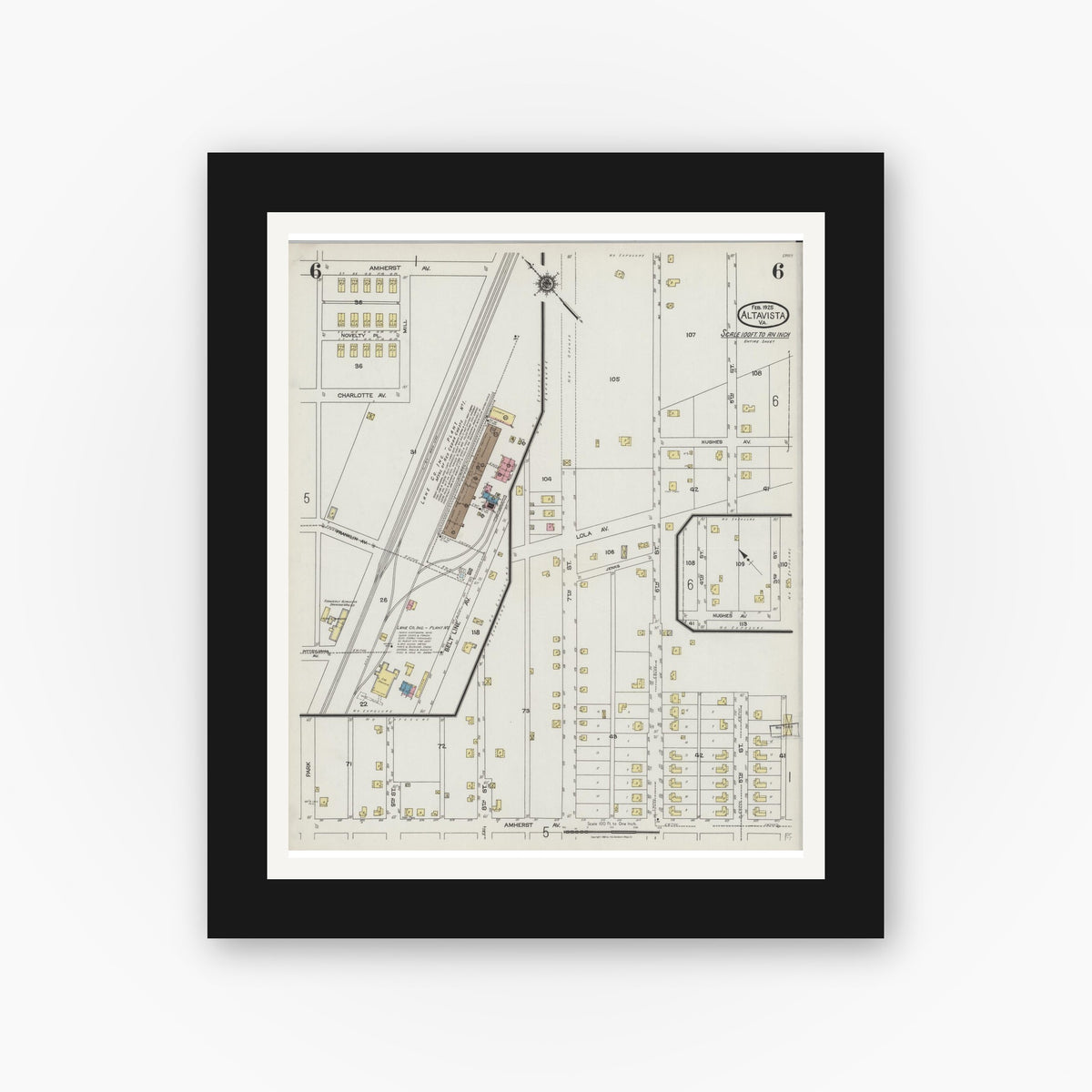 Old map wall art mockup — black gallery frame with white mat — Sanborn Fire Insurance Map from Altavista, Campbell County, Virginia (1925), Sheet #0006