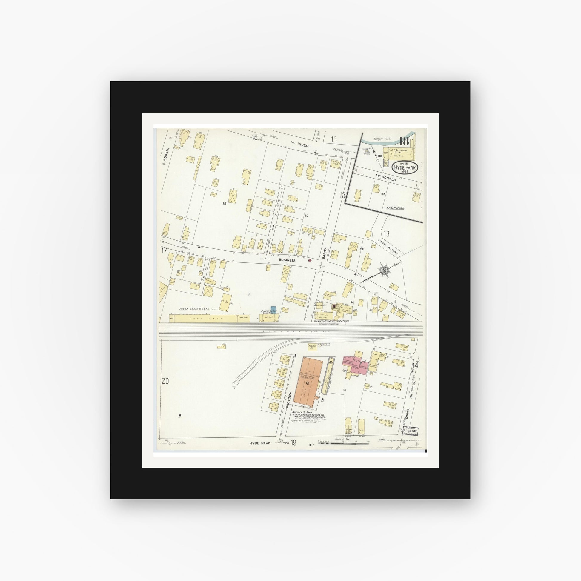 Old map wall art mockup — black gallery frame with white mat — Sanborn Fire Insurance Map from Hyde Park, Norfolk County, Massachusetts (1911), Sheet #0018