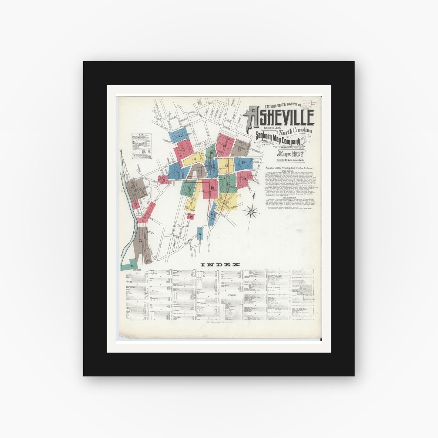 Old map wall art mockup — black gallery frame with white mat — Sanborn Fire Insurance Map from Asheville, Buncombe County, North Carolina (1907), Sheet #0001