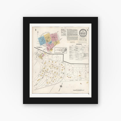 Old map wall art mockup — black gallery frame with white mat — Sanborn Fire Insurance Map from Pinehurst, Moore County, North Carolina (1939) - Complete Map Set