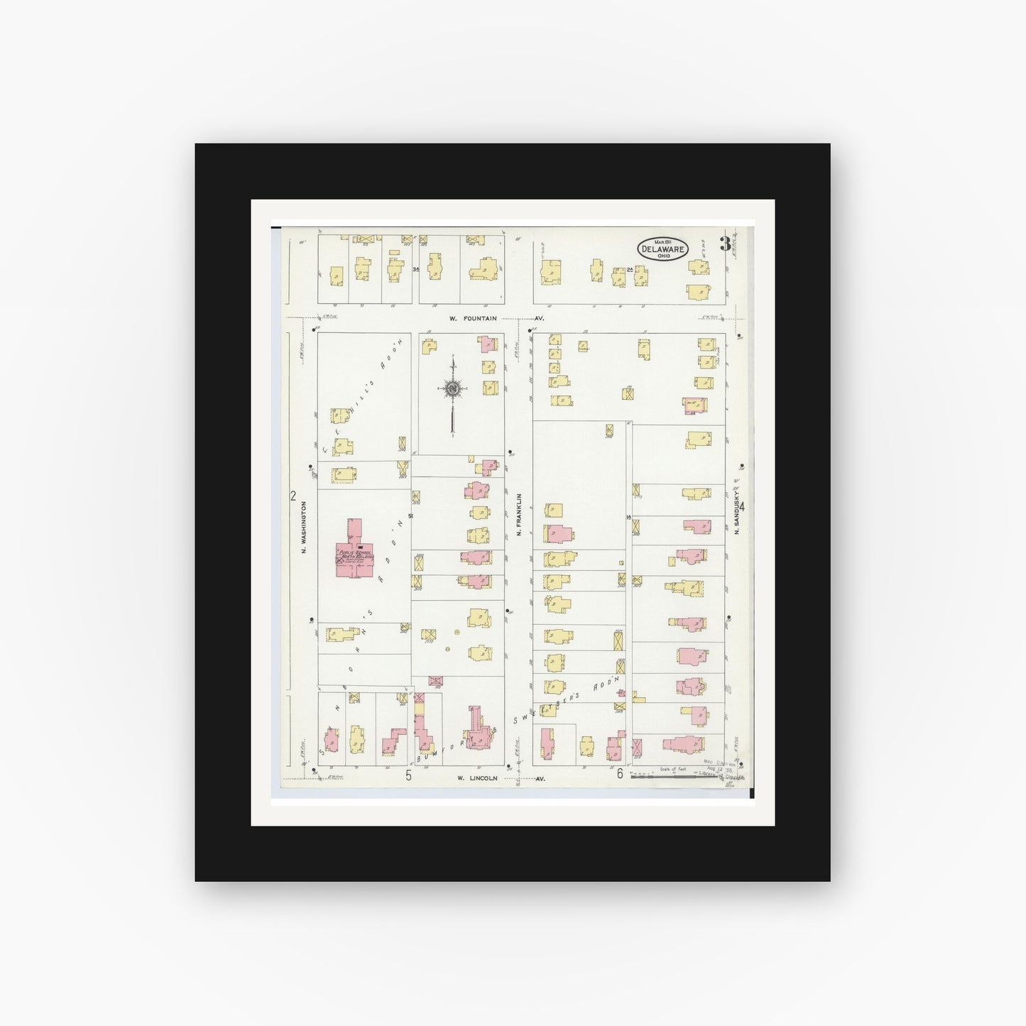 Old map wall art mockup — black gallery frame with white mat — Sanborn Fire Insurance Map from Delaware, Delaware County, Ohio (1911), Sheet #0003