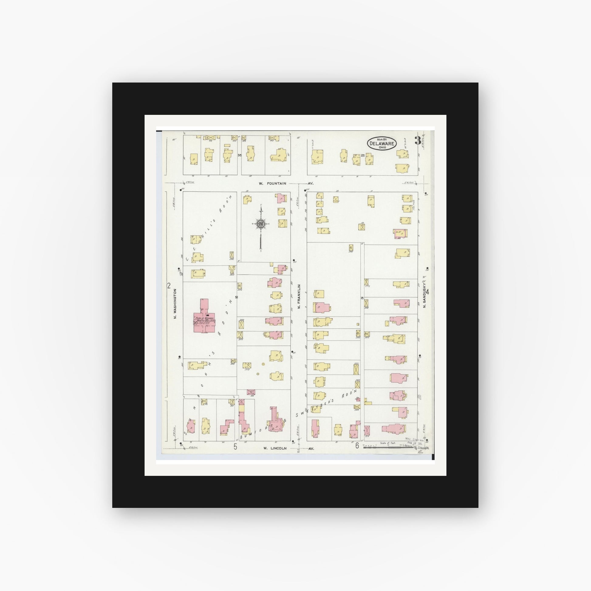 Old map wall art mockup — black gallery frame with white mat — Sanborn Fire Insurance Map from Delaware, Delaware County, Ohio (1911), Sheet #0003