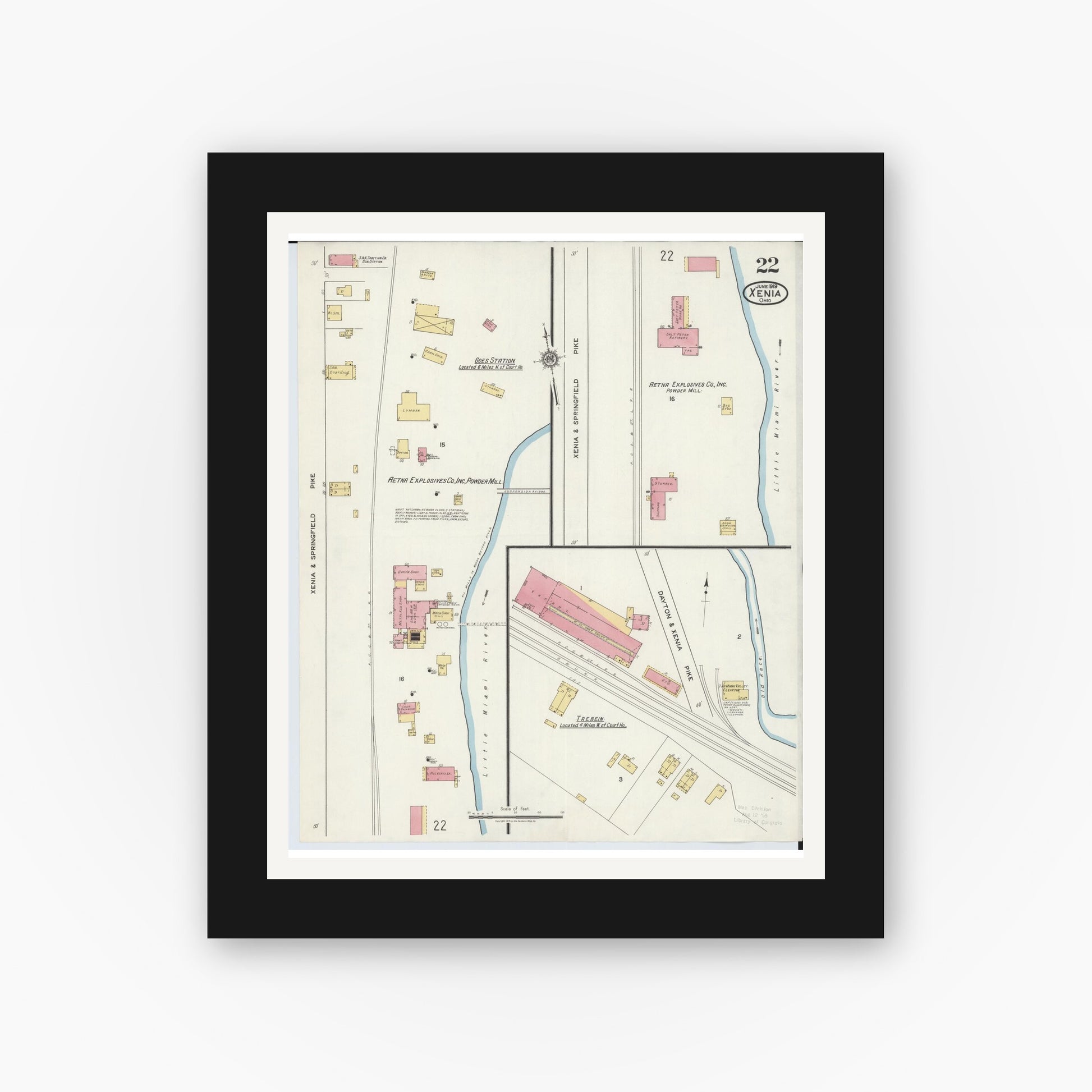 Old map wall art mockup — black gallery frame with white mat — Sanborn Fire Insurance Map from Xenia, Greene County, Ohio (1919), Sheet #0022