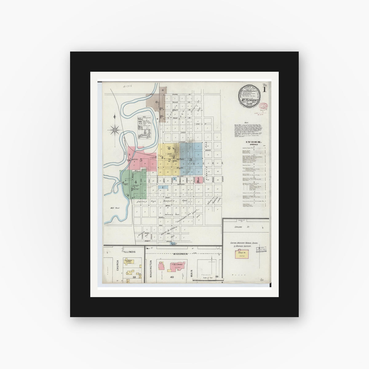 Old map wall art mockup — black gallery frame with white mat — Sanborn Fire Insurance Map from Mount Pleasant, Isabella County, Michigan (1895), Sheet #0001