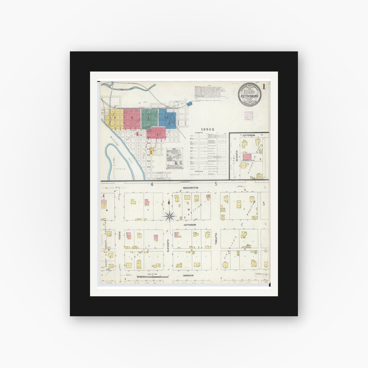 Old map wall art mockup — black gallery frame with white mat — Sanborn Fire Insurance Map from Keithsburg, Mercer County, Illinois (1907) - Complete Map Set