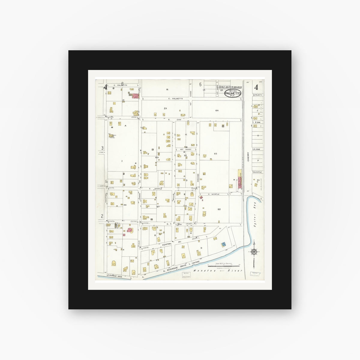 Old map wall art mockup — black gallery frame with white mat — Sanborn Fire Insurance Map from Palmetto, Manatee County, Florida (1923), Sheet #0004
