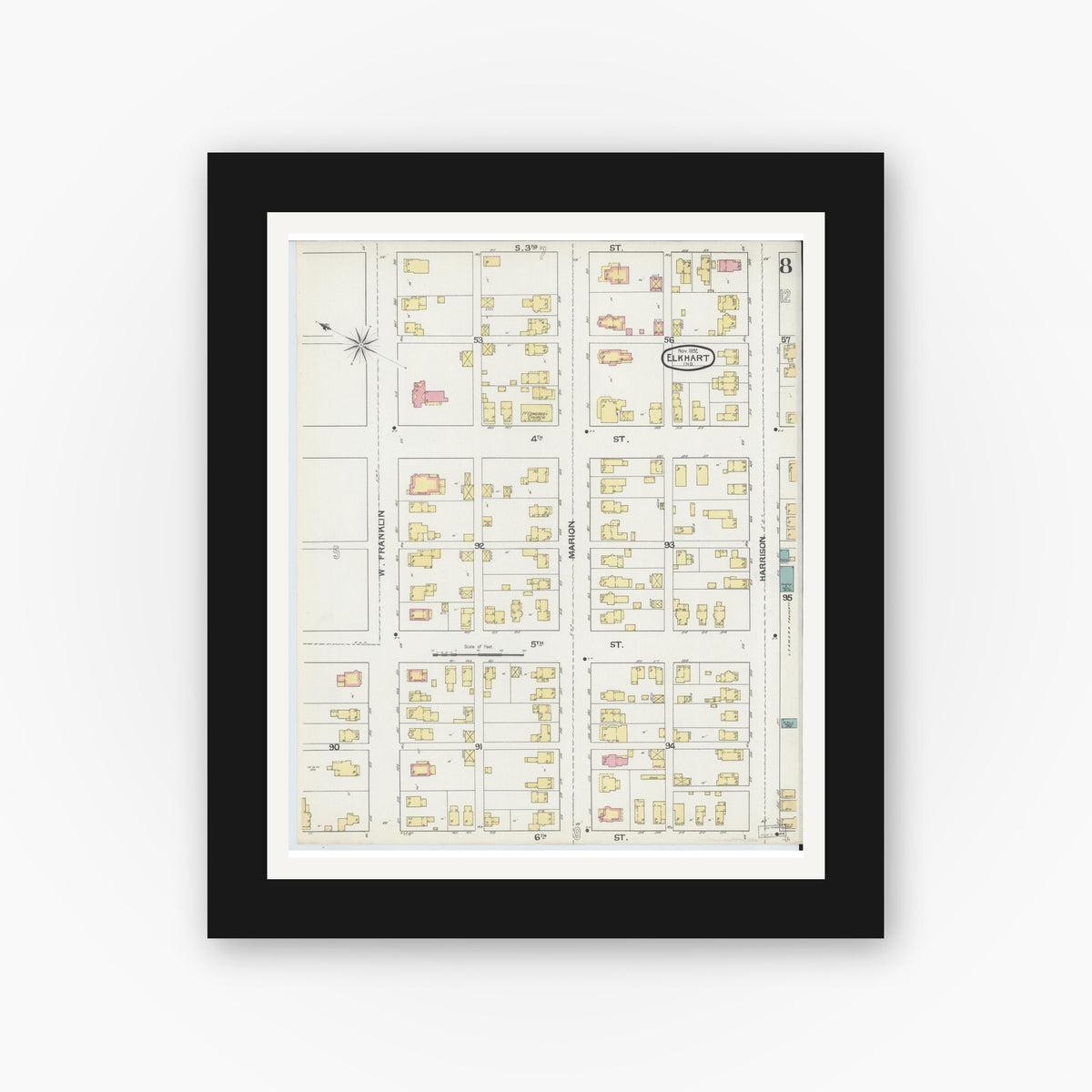 Old map wall art mockup — black gallery frame with white mat — Sanborn Fire Insurance Map from Elkhart, Elkhart County, Indiana (1892), Sheet #0008