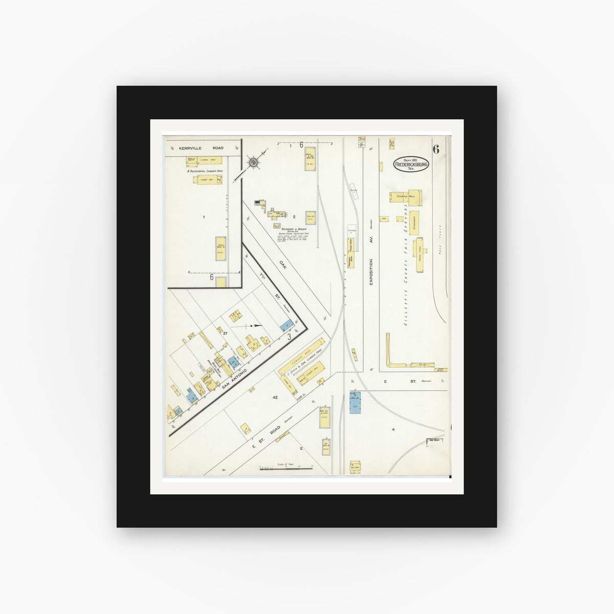 Old map wall art mockup — black gallery frame with white mat — Sanborn Fire Insurance Map from Fredericksburg, Gillespie County, Texas (1915), Sheet #0006